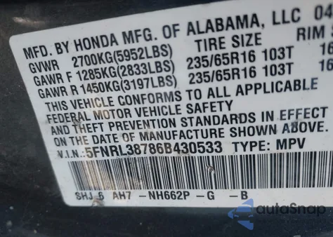 2006 Honda Odyssey Ex-L from USA, damaged, VIN 5FNRL38786B430533